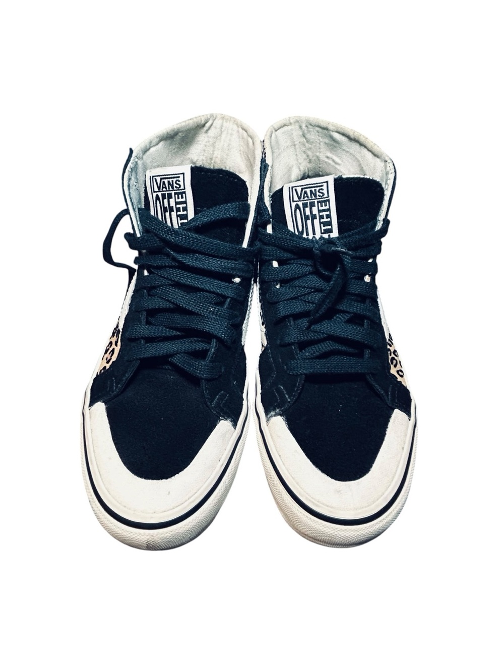 Vans Leopard-Accent High Top Sneakers in Black & White